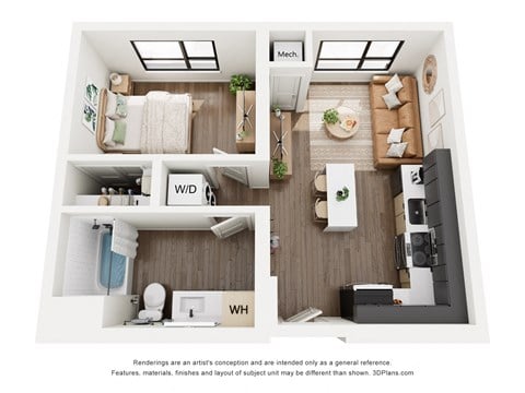 Floor plan for 1 bed, 1 bath, 525 sqft